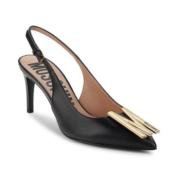 Moschino Shoes - MOSCHINO Couture Gold Logo Black Leather Slingback Pumps Sz. 39 NEW!